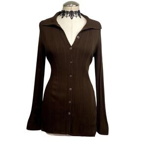 Preppy Brown Grunge Flared Sleeve Button Down Collared Sweater Womens M